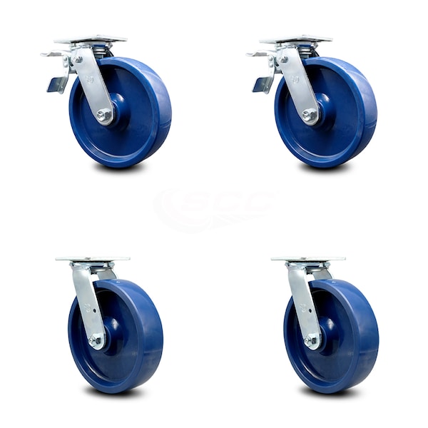 8 Inch Solid Polyurethane Caster Set with Roller Bearing 2 Total Lock Brake SCC